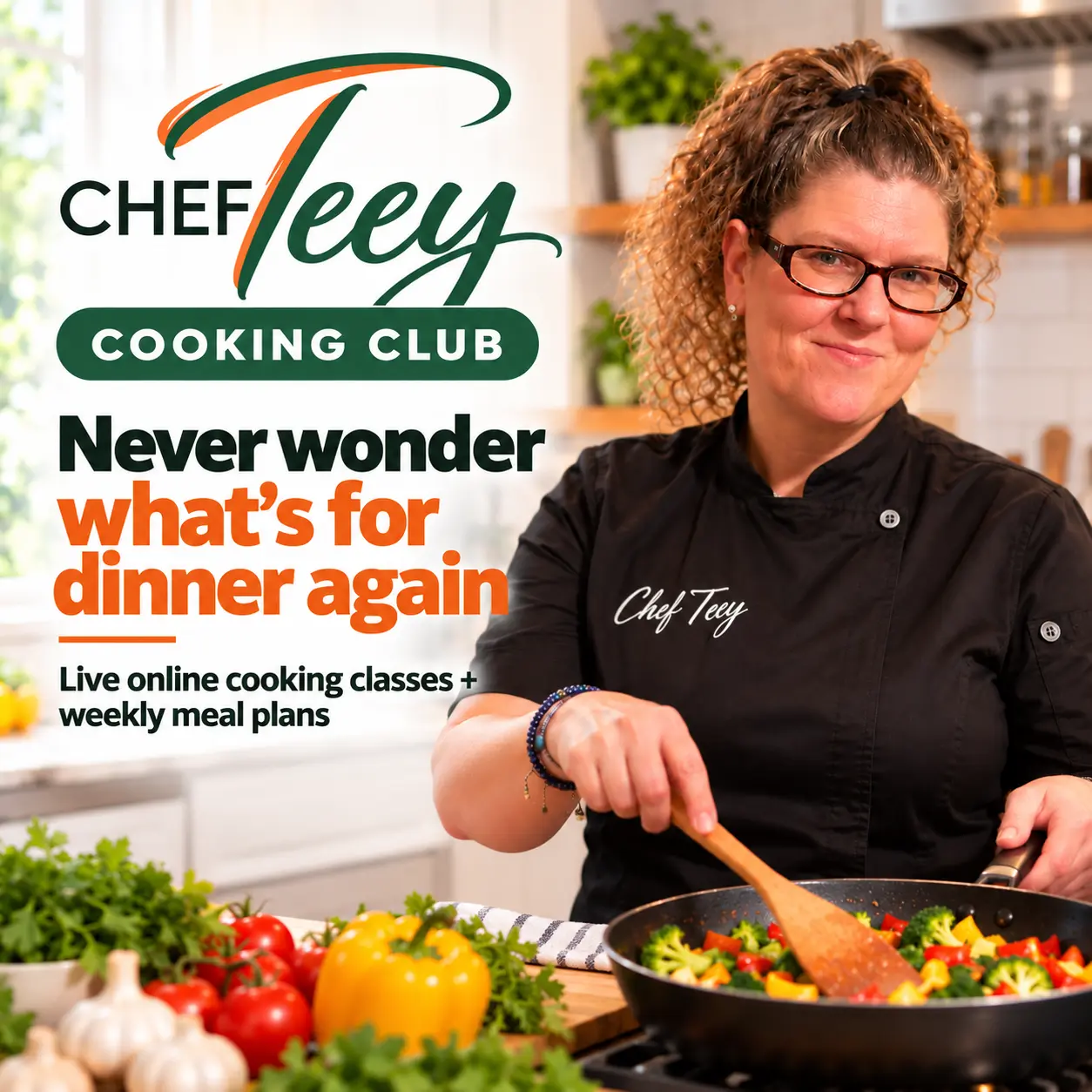 Chef Teey Cooking Club: never wonder what's for dinner again. Live online cooking classes and weekly meal plans with Chef Teey.
