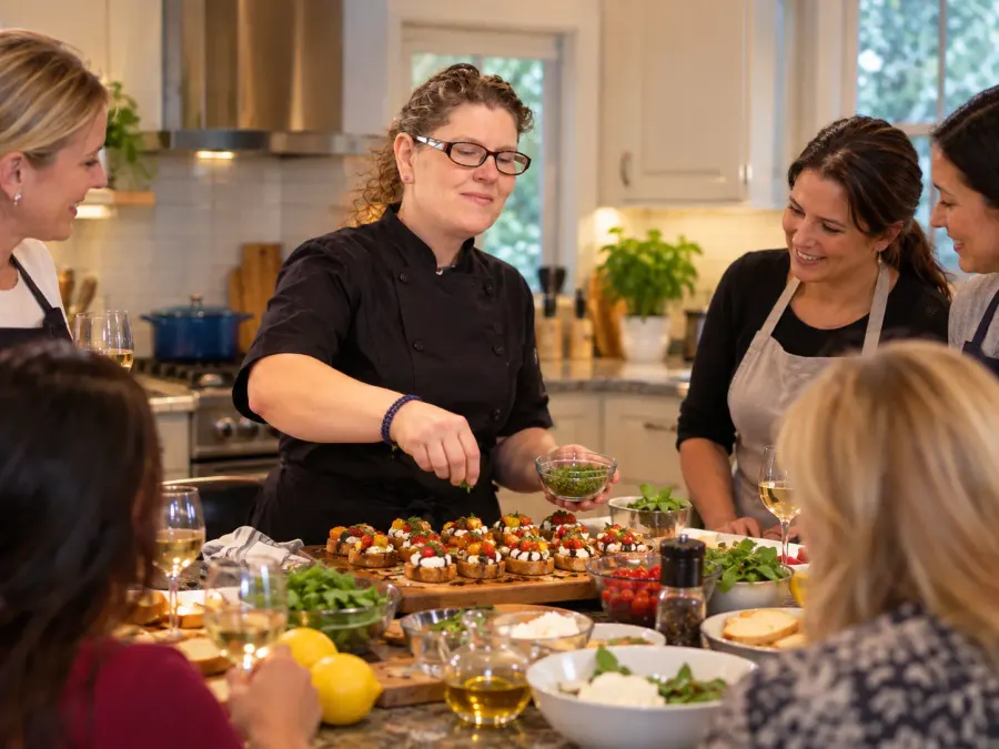 Chef Teey teaching a group of friends to make bruschetta during an in home cooking class