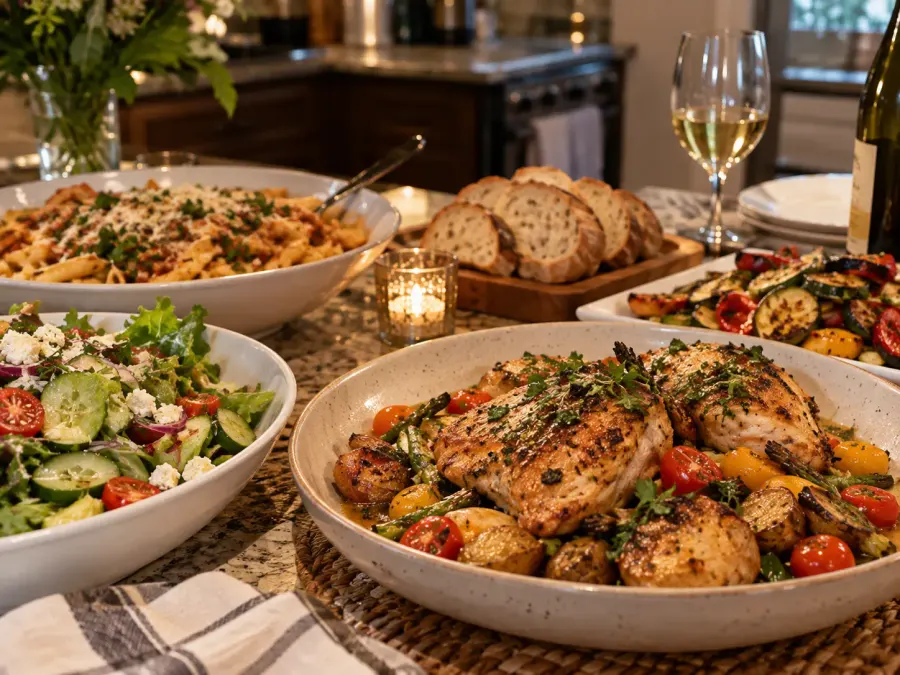 A private chef dinner spread of herb roasted chicken, penne, fresh salad, and grilled vegetables on a kitchen island